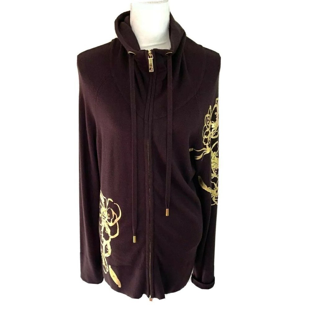 Cache Jacket Large L Womens Vintage Floral Knit Zipper Front Brown Gold Metallic